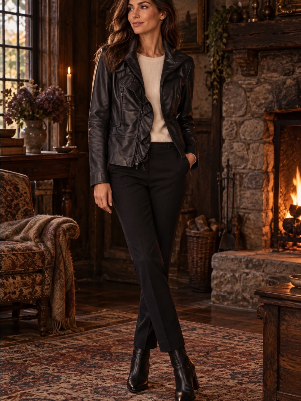Tahari Brown Leather Ruffle-Front Jacket